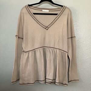Tan Waffle Knit Ruffle Patchwork Boho Mori Girl Earthy Top 2X Autumn Fall Casual